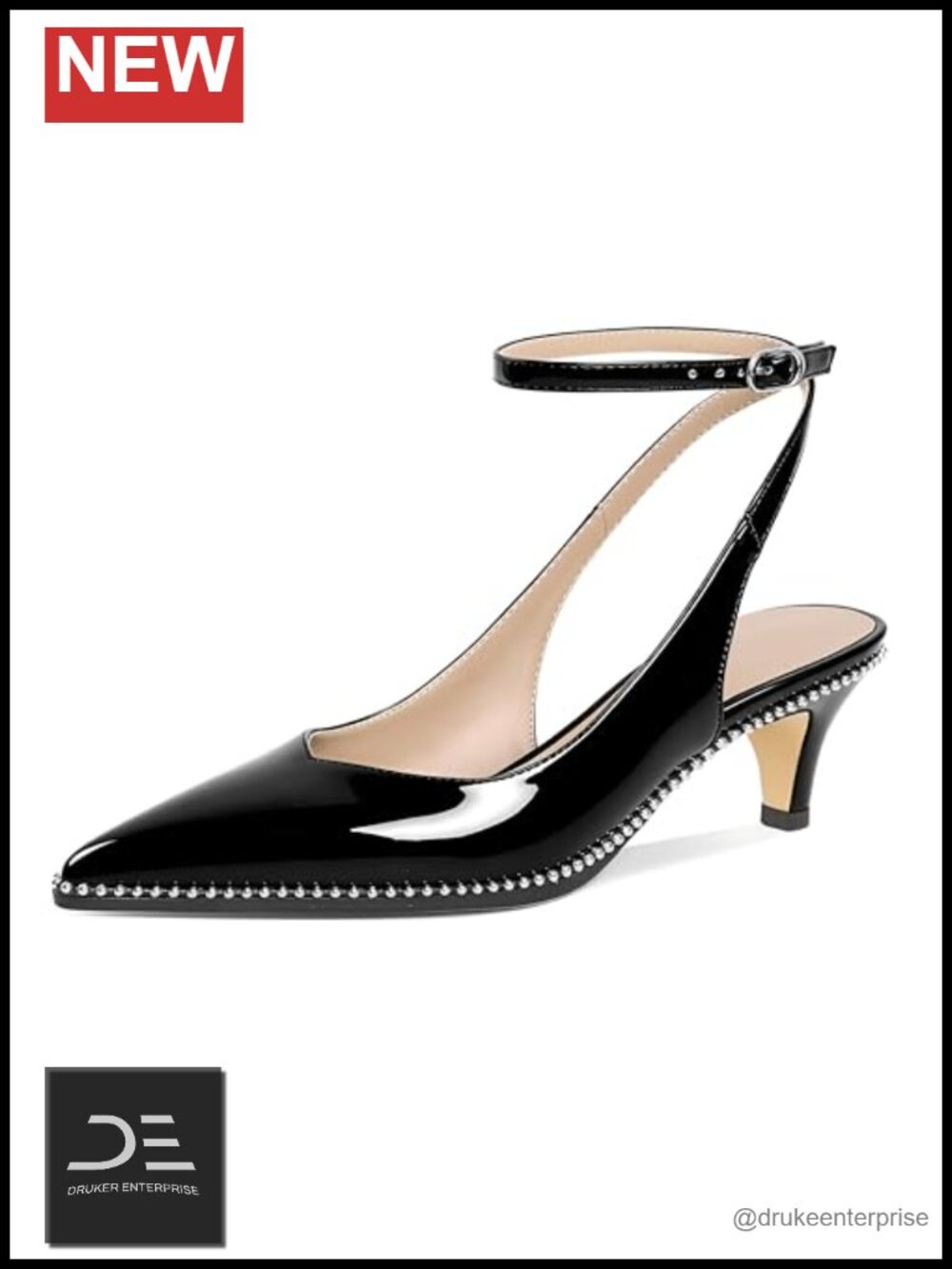 Slingback Kitten Heels Pointed Toe Low Heel Pumps Adjustable Ankle Strap Patent